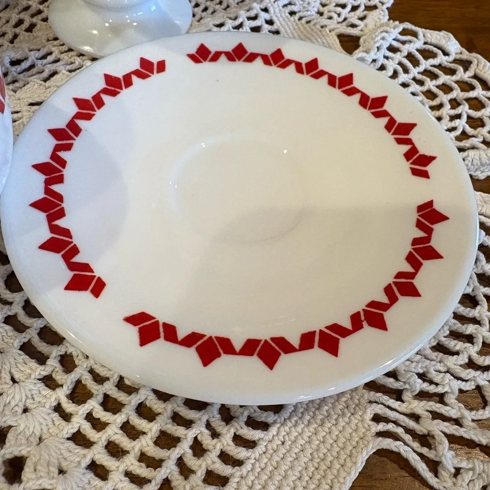 Vintage Shenango China cup and saucer set with a red diamond pattern